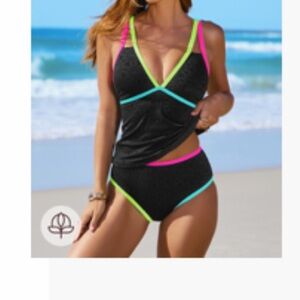 Women's Black and Neon Trim Swim Set